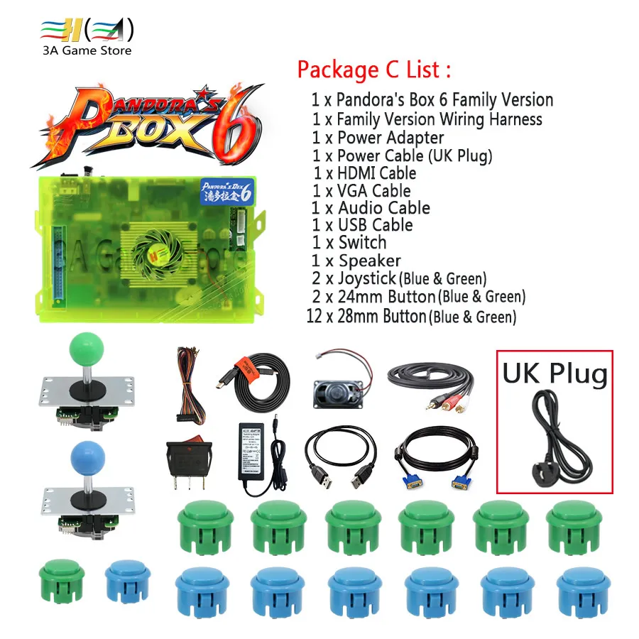 Pandora Box 6 1300 семейная версия материнская плата с управляющими аксессуарами DIY аркадные наборы части джойстик usb Кнопка питания - Цвет: C set - UK plug