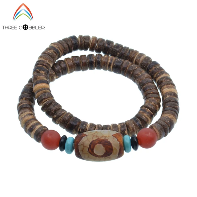 Three Eye Dzi Bead Natural Coconut S Beaded Stretch Bracelet Three Eye Dzi Bead Natural Coconut S Beaded Stretch Bracelet Tibetan Buddhism Prayer Beads Jewelry Yoga