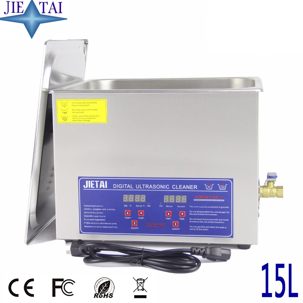 

JIETAI Digital Ultrasonic Cleaner Bath 15L 360W 40kHz Metal Basket Engine Parts Moto/Auto parts Commercial Component Industry