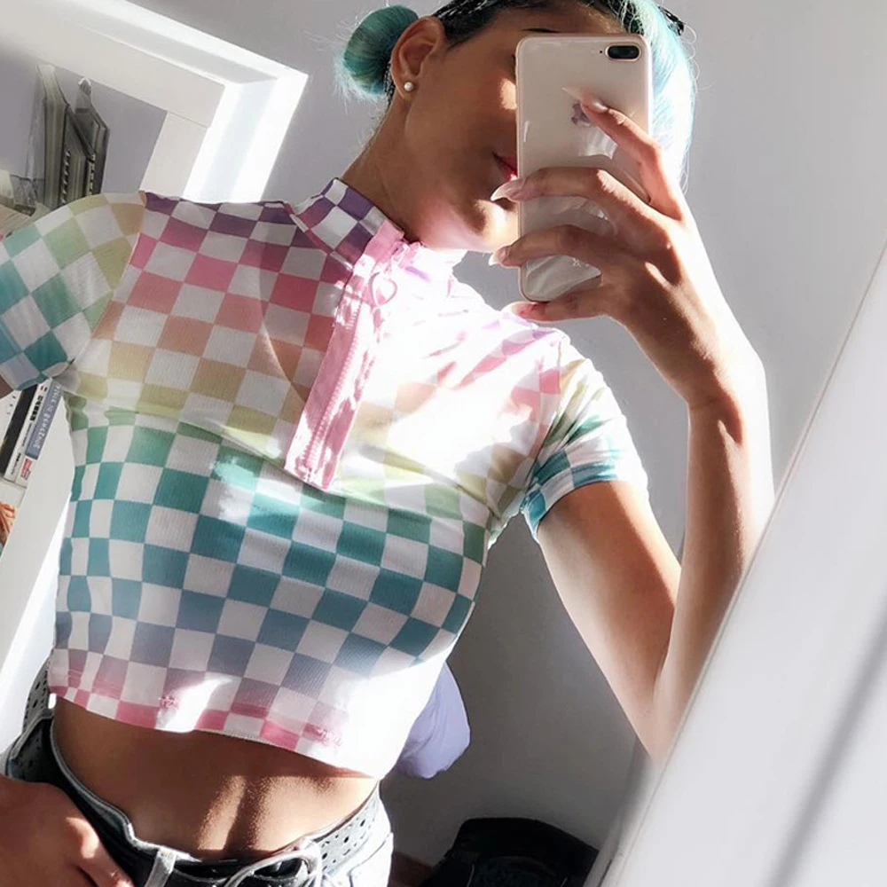 

Fashion Boho Women Ladies Casual Summer Short Sleeve T-Shirt Plaid Print Zipper Skinny Short Length Tops