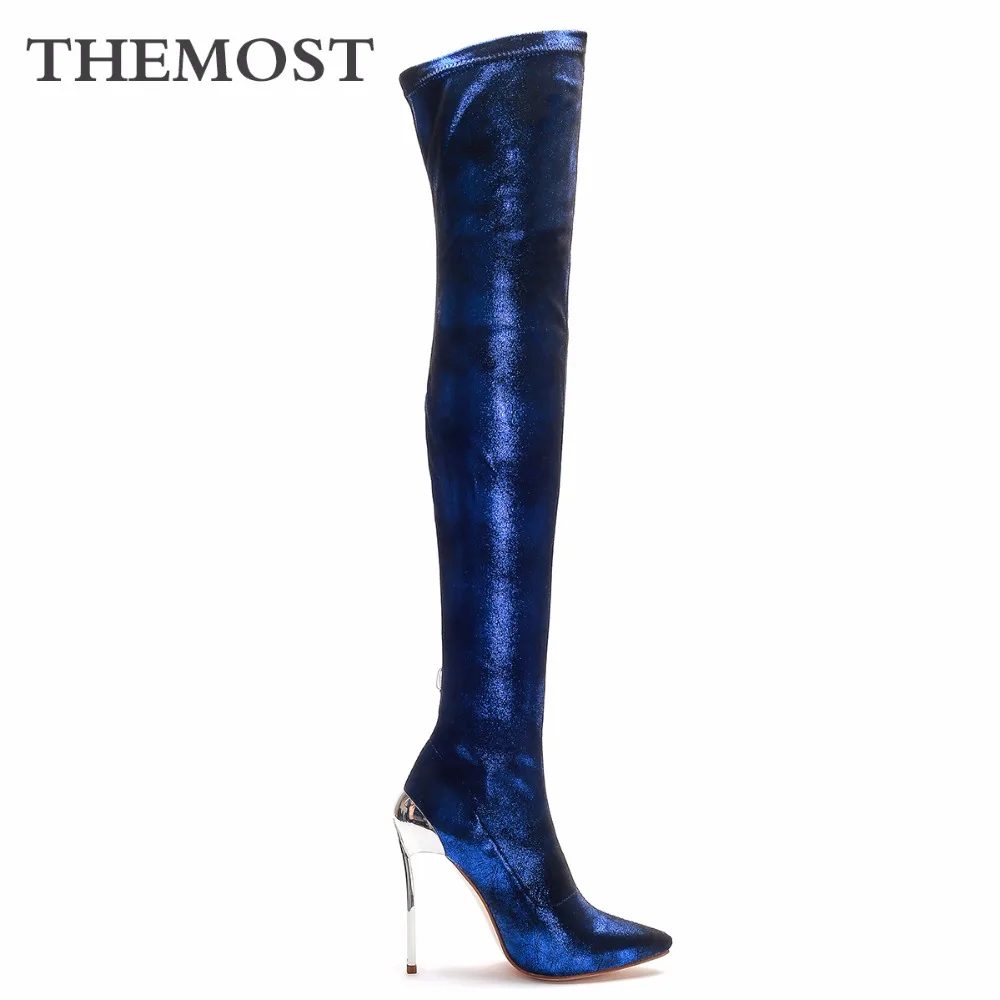 

Autumn winter women's over-the-knee boots warm short plush 12-cm high heel blue pointed elastic women's sexy high boots