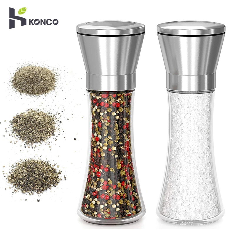 KONCO New Salt and Pepper Mill Shakers, Stainless Steel Manual Sea Salt