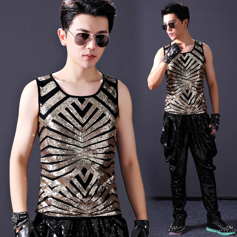 

Summer New Bar Nightclub Male Hip Hop Jazz Dance Performance Costume Men'S Singer Rock Trend Stage Gold Sequined Vest DWY1674