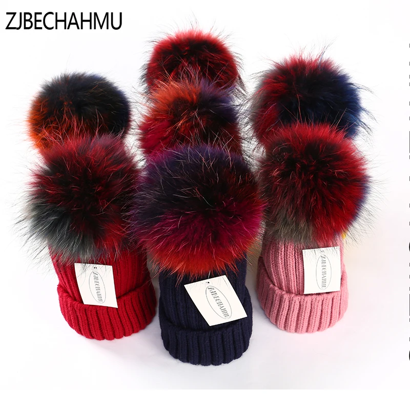 Модные новые помпоны из натурального Лисьего меха норки 18 см Skullies Beanies, шапки для женщин и девочек, зимние теплые шапки, детские шапки Skullies Beanies