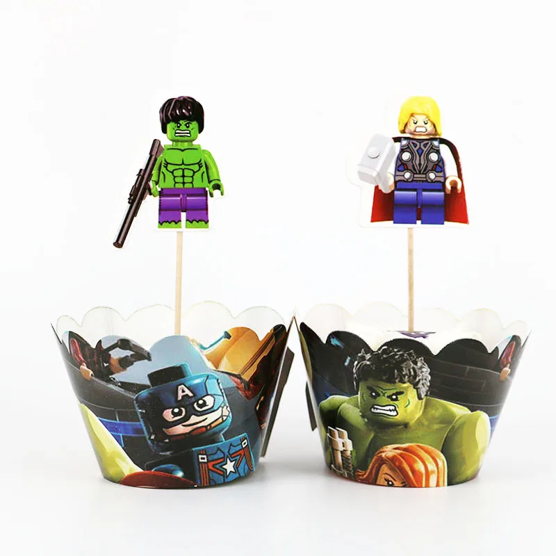 

24pcs/lot Super hero Hulk Captain America Thor Cupcake Wrappers Topper Kids Party Birthday Decoration (12 wraps+12 topper)