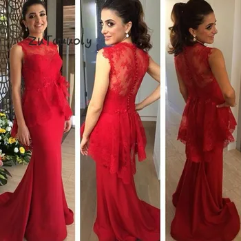 

Classy Arabic Evening Dress Mermaid Red Prom Dresses With Lace Round Neck Satin Long Formal Evening Gowns Turkey Elegant 2019