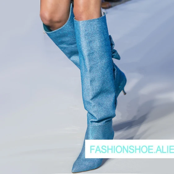 

Hot Autumn Winter Runway Bow-knot Knee High Slouchy Boots Pointed Toe High Heels Woman Design Sequined Stage Boots Plus Size