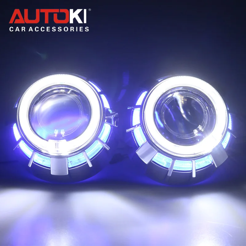 

Autoki Dual Color LED Angel Eyes DRL HID Car Projector Lens Headlight Bi-xenon Retrofit Kit Upgrade Mini 2.5'' 8.0 H1 H4 H7