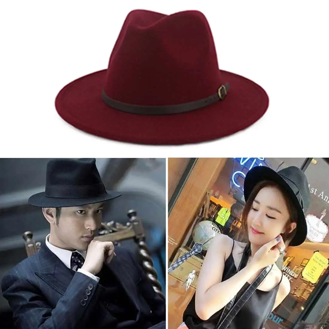 

Imitation Woolen Ladies Fedoras Top Jazz Hat European Gentle Wide brim Bowler Hats