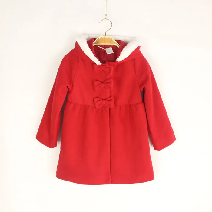 Красная шерстяная Верхняя одежда для маленьких девочек; куртка для девочек; плотное осенне-зимнее пальто с капюшоном; детская красная шерстяная куртка с бантом; детское красное пальто