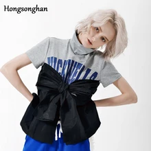 Hongsonghan/ г., футболки с короткими рукавами и принтом в виде букв в европейском стиле, футболка со шнуровкой и бантом модные топы для девочек