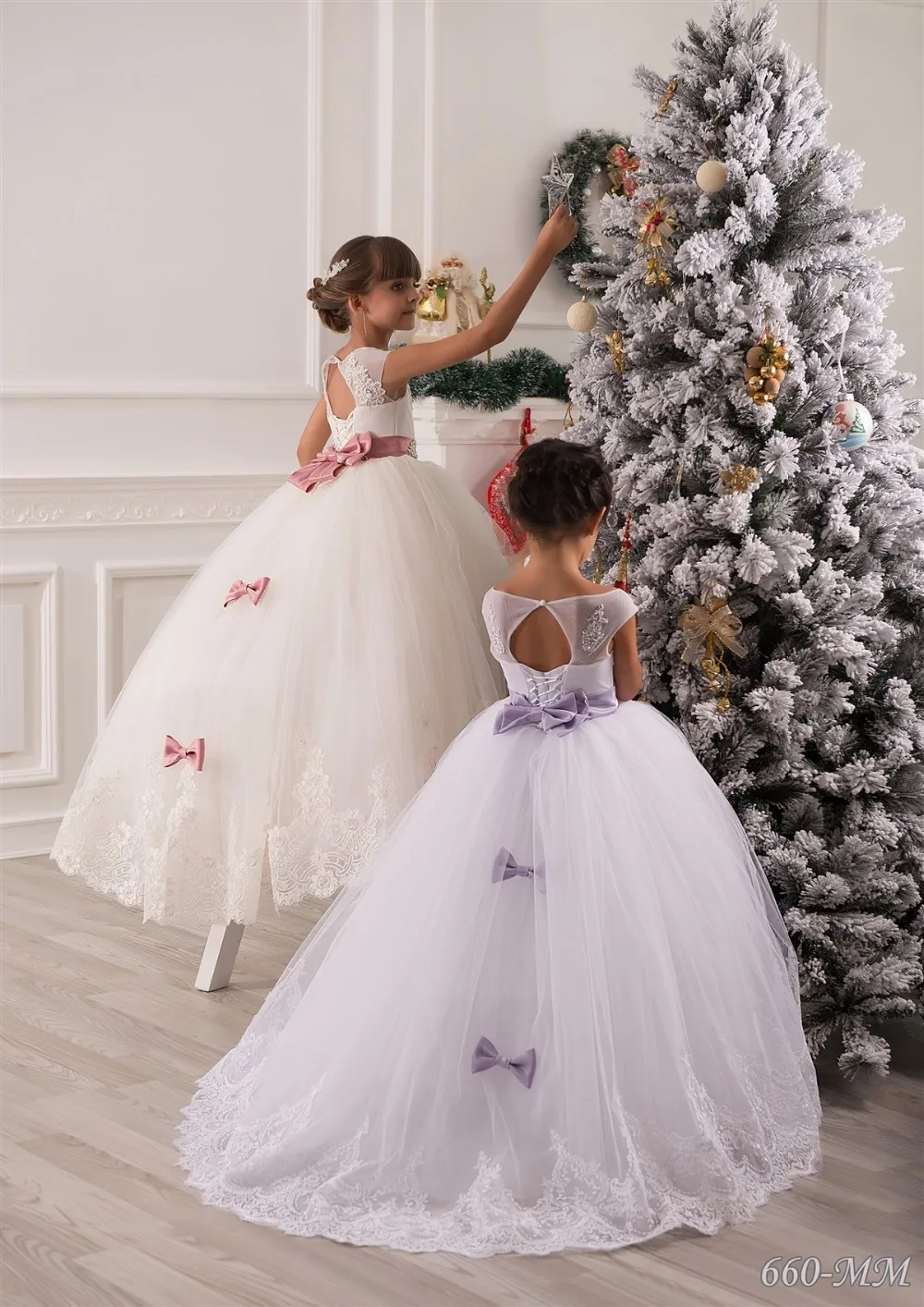 Ivory Long Lace Tulle Flower Girls Dresses For Wedding Little