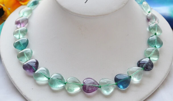 

huij 003006 NATURAL 16mm heart green / purple fluorbaryt bead necklace 17inch