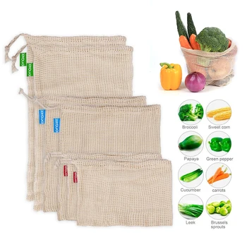 

Kitchen Organizer Reusable Produce Bags Vegetable Storage Bags Fruit Washable Cotton Storage Mesh Bags With Drawstring Cable