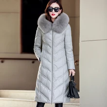 Зимняя женская кожаная куртка с перьями, новинка, длинный меховой воротник, тонкий, с капюшоном, теплые, на коленях, большие размеры, кожаное пальто, WYT302