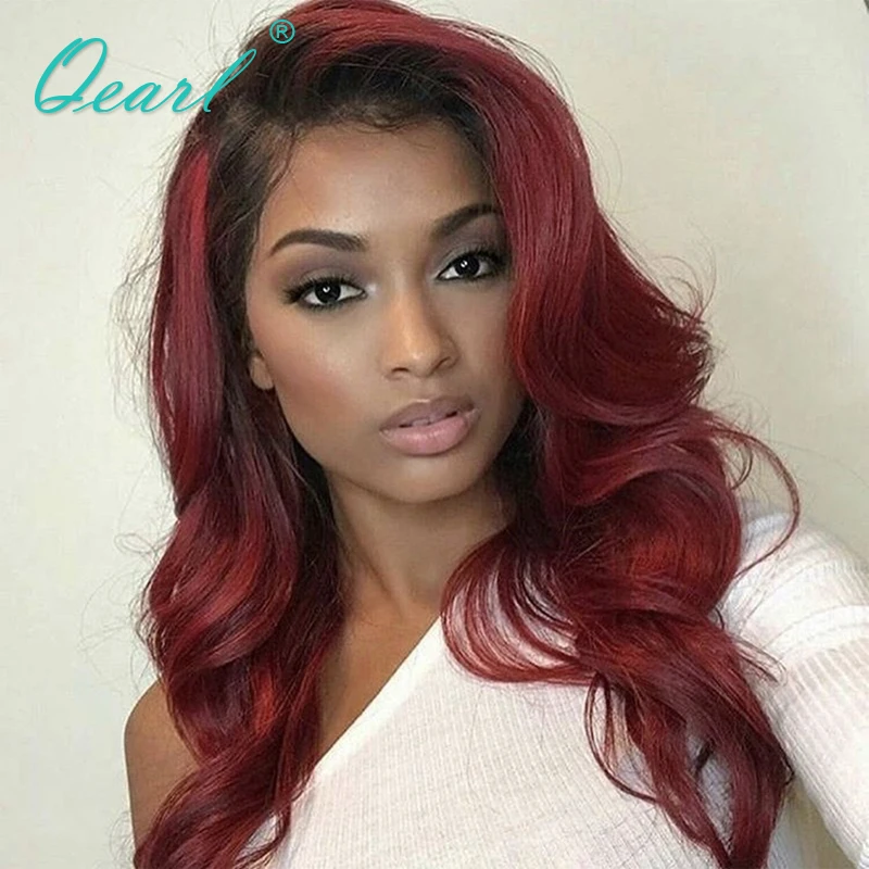 Lace Front Human Hair Wigs Dark Roots Red Burgundy Color ...