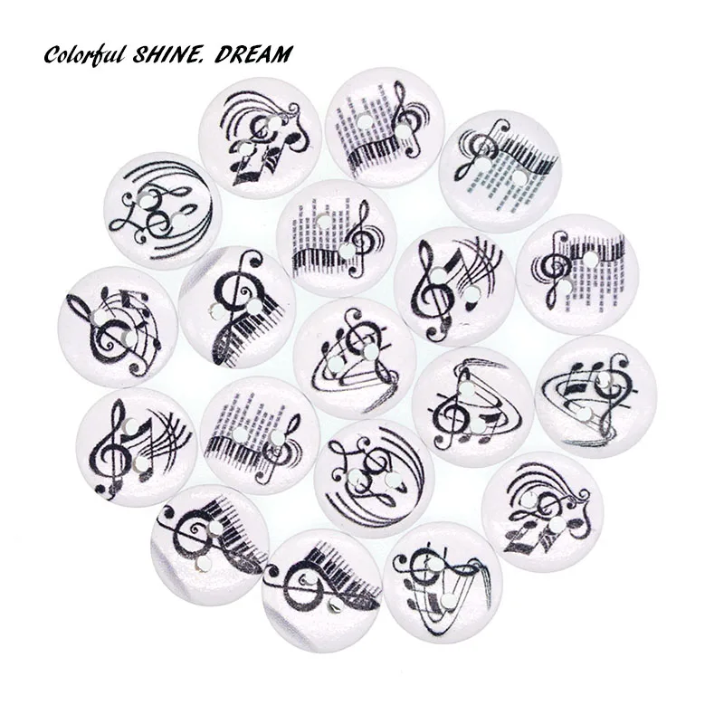 

50PCs Wholesale Natural Wooden Buttons Round Musical Instruments Design Scrapbooking Sewing Accessories DIY Craft 15mm Dia.
