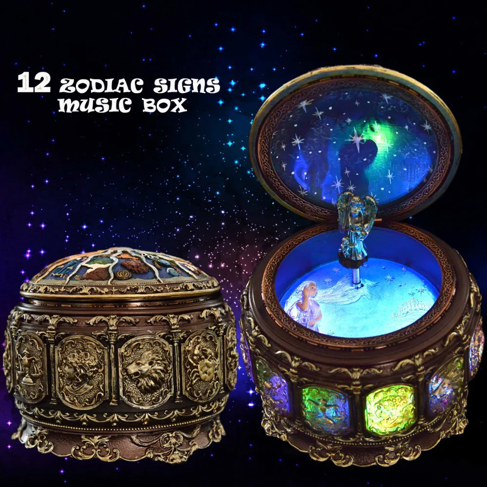 

Retro Zodiac Signs Music Box Manual Arts 12 Constellation Musical Boxes with Led Flash Lights Valentine's Day Birthday Gift