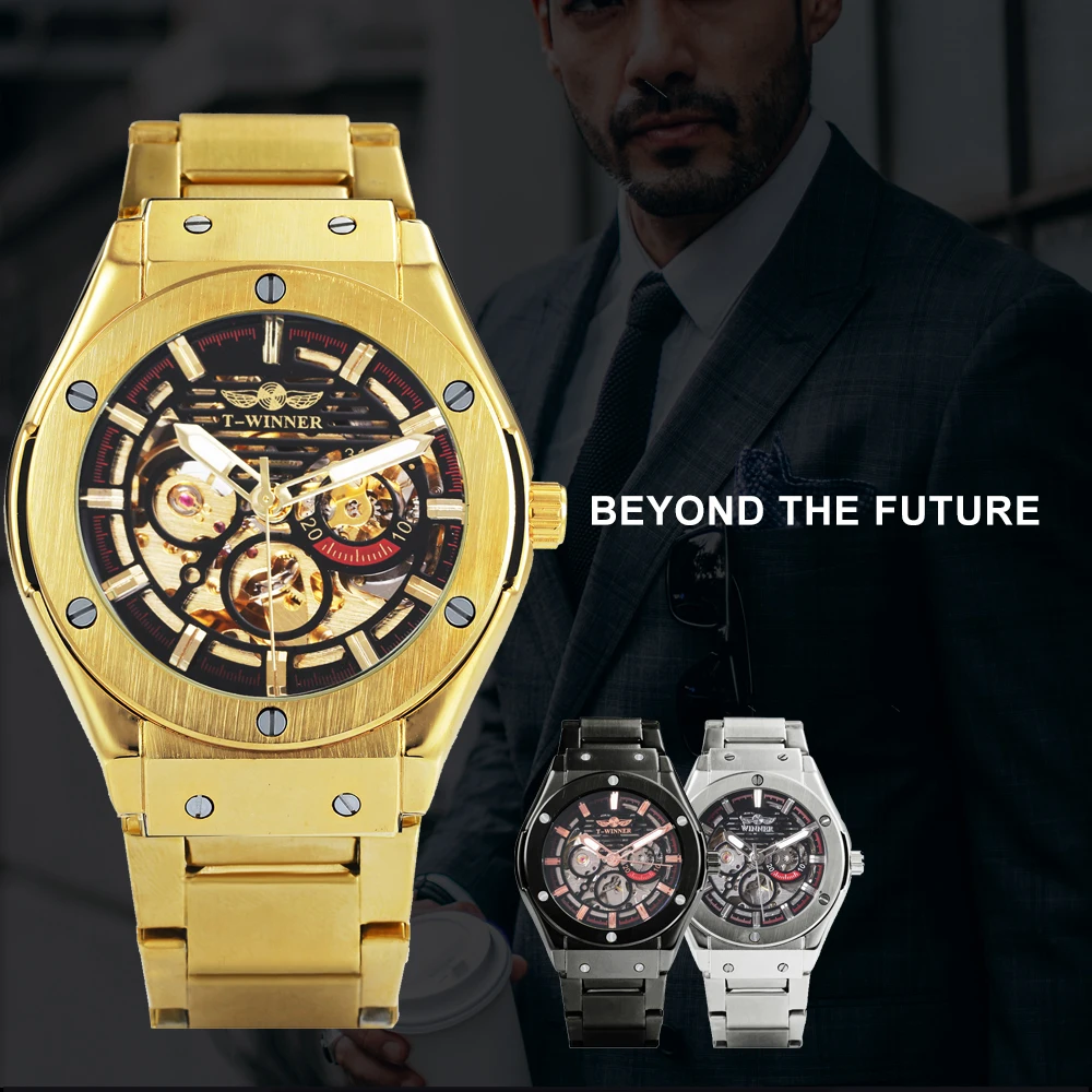 الفائز الورك هوب الذهبي الرجال السيارات الميكانيكية ووتش المعادن حزام الهيكل العظمي الطلب أعلى العلامة التجارية الفاخرة تصميم FORSINING الذكور ...