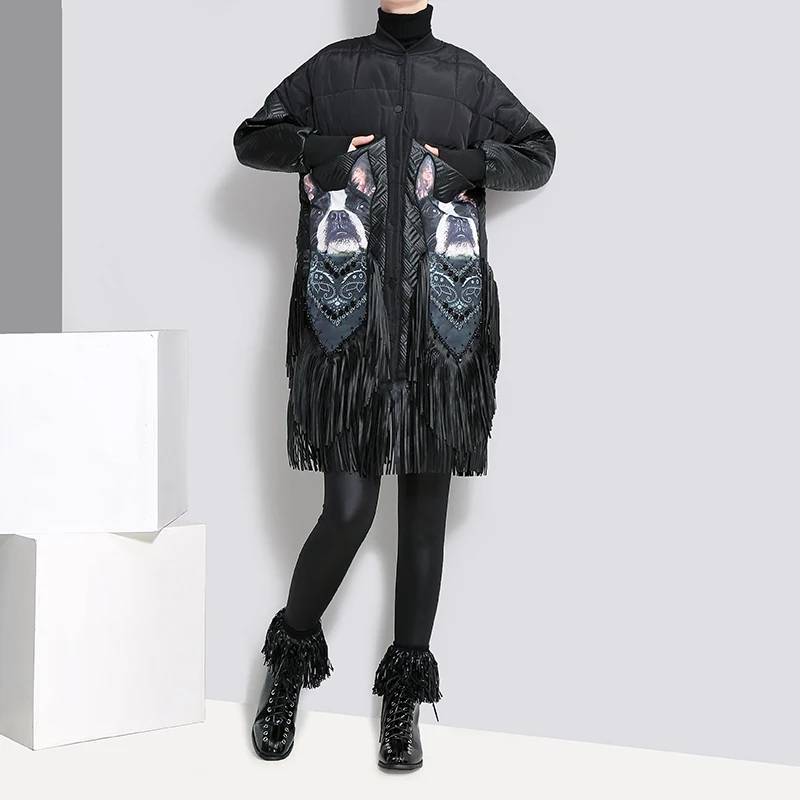 2018 Winter Women Oversize Long Black Parka Jacket PU Fringes Stand Collar Printed Female Thick Jacket Coat manteau femme 3001