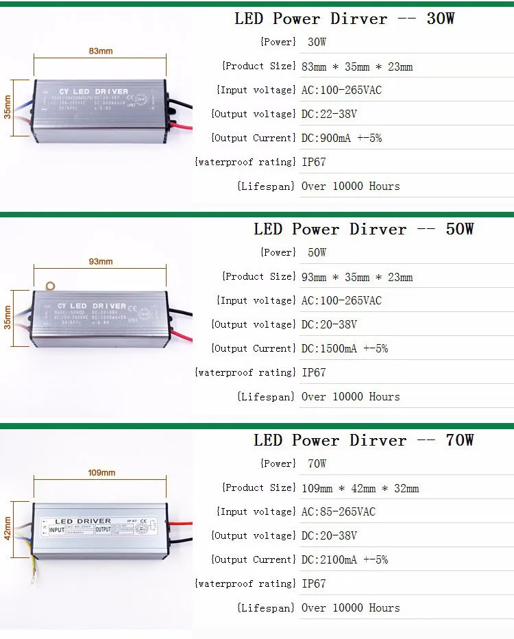 Светодиодный драйвер Трансформатор Питание мощностью 10 Вт, 20 Вт, 30 Вт, 50 Вт 70 Вт AC 100-265V DC/DC 20-38V IP67 Водонепроницаемый Светодиодный драйвер для Светодиодный S потолочные светильник