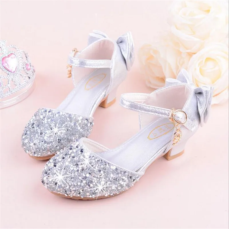 Girls sandals high heels spring and summer rhinestones bow princess Performance /wedding crystal single shoes shiny silver - Цвет: silver