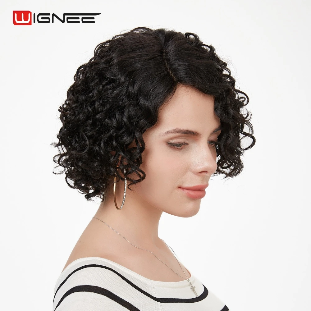 Wignee L кружевной боковой части короткий кудрявый Боб Remy бразильские человеческие волосы парик для женщин высокой плотности температура