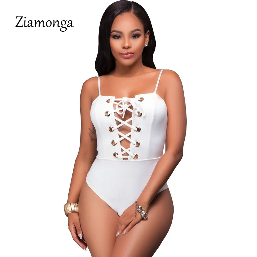 Ziamonga Sexy бретелек боди Выдалбливают зашнуровать комбинезон Для женщин Черные