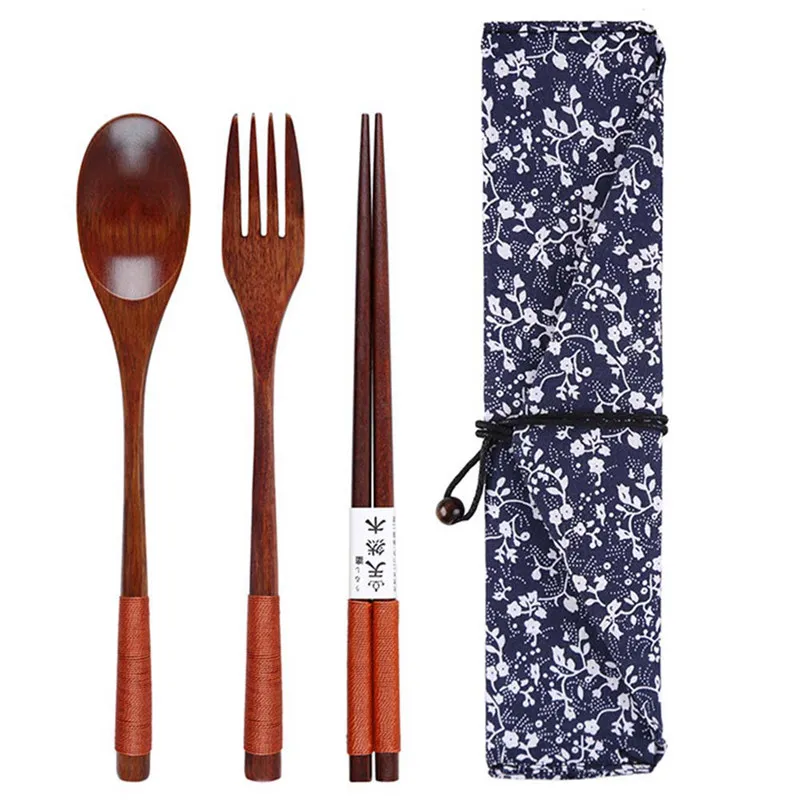 

Wooden Cutlery Set Adult Western Japanese Style Cutlery Wooden Cutlery Set Spoon Fork chopsticks Reusable Tableware