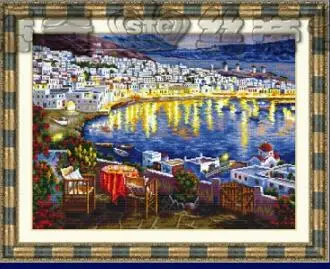 

Gold Collection Beautiful Counted Cross Stitch Kit Nightwatching Harbour Port Beach Seaside City at Night dome 111004