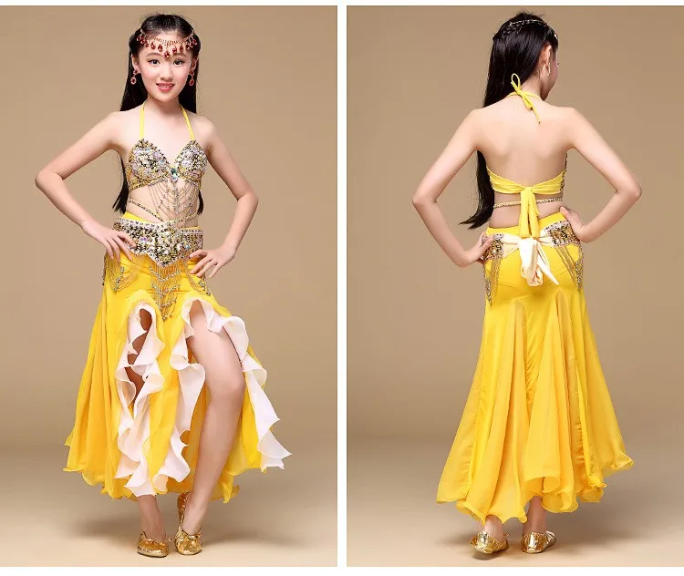 6 цветов сцены Восточный танец Одежда для танцев 3-костюм бюстгальтер, пояс, юбка Дети танец живота костюм для девочек