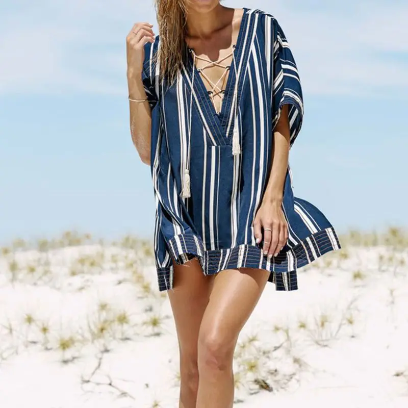 

Women Vacation Stripes Printed Swimsuit Cover Up Plunging V-Neck Cross Tassels Drawstring Beach Mini Dress Side Split Tunic Tops