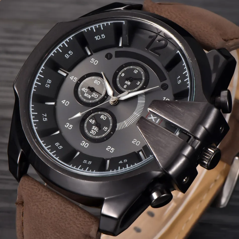 XINEW Cool Men's Watch Analog Sport Steel Case Quartz Dial Leather