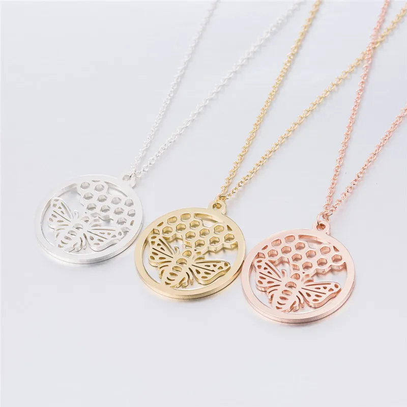 Honeycomb Bee  Necklace,circle Hive Bee Necklaces Animal Jewelry