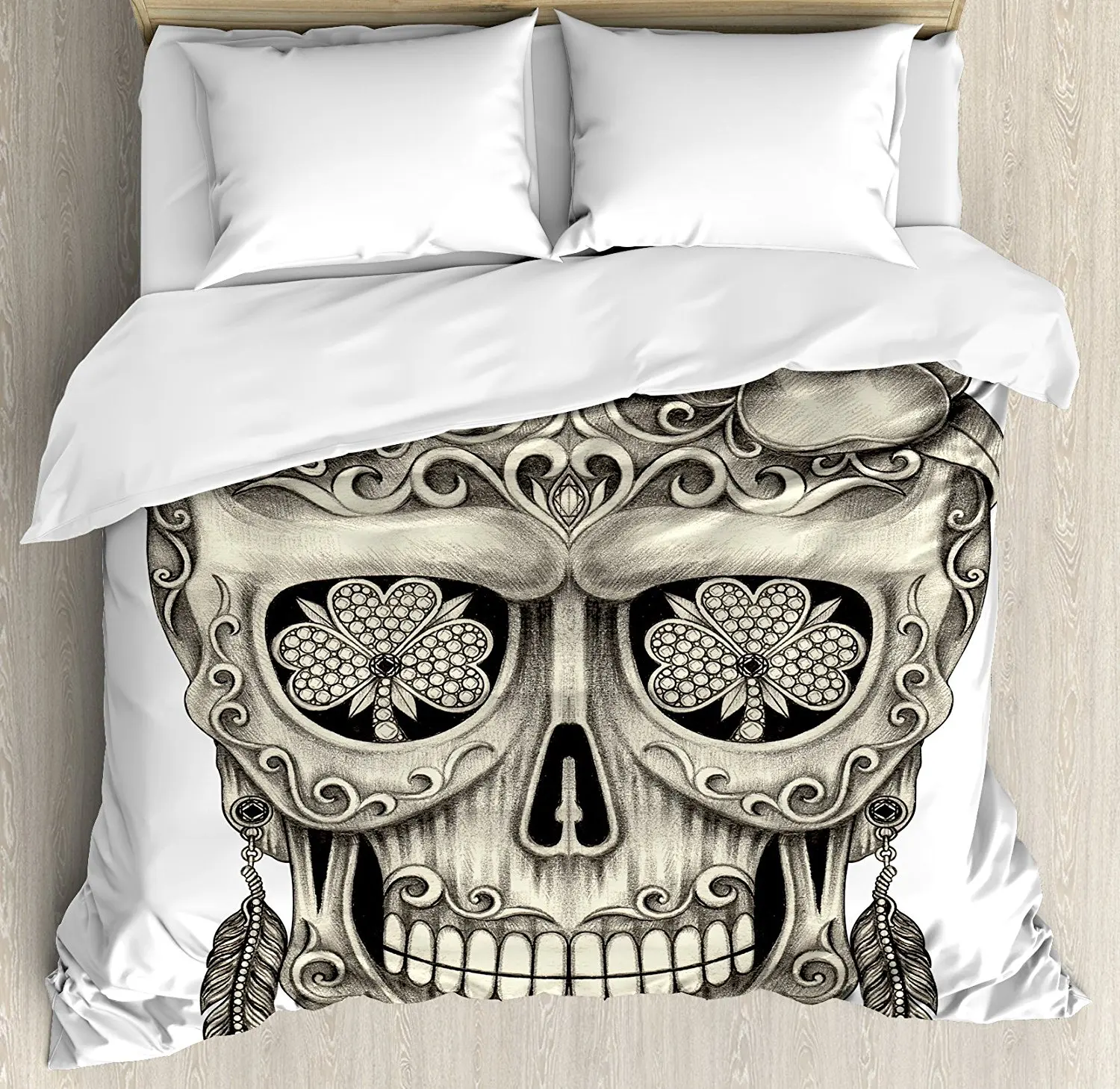 

Day Of The Dead Duvet Cover Set Spanish Sugar Skull Floral Accessories and Feather and Earrings Decorative 4 Piece Bedding Set
