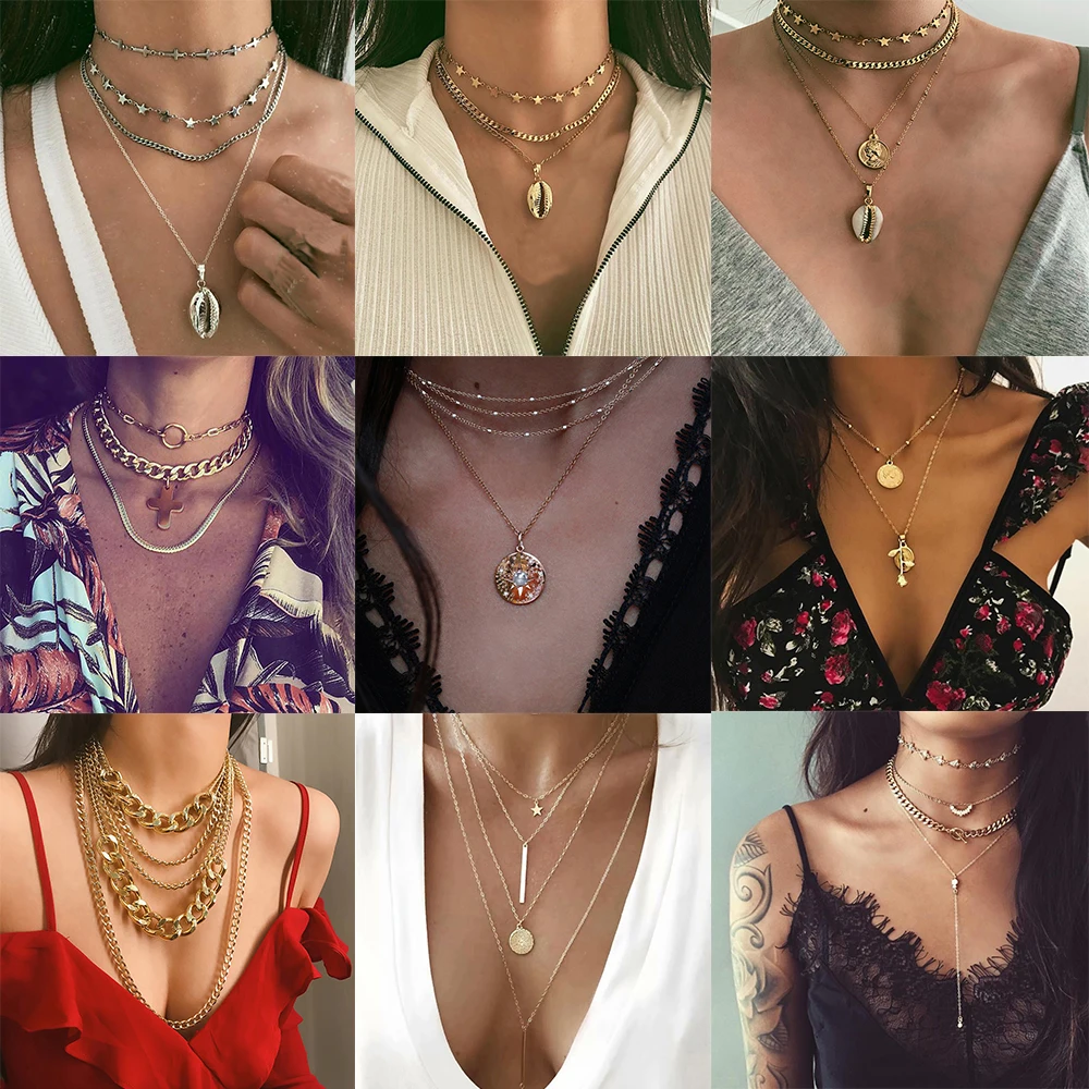 Bls-miracle Fashion Multi layer Shell Necklaces& Pendants For Women Trendy Charm Gold Chain Choker Necklace Ladies Jewelry