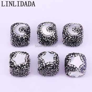 

DIY 10Pcs Black Crystal Rhinestone Paved Zircon Cube Square Shape Star/Moon Shape White Shell Bead Connector Loose Beads