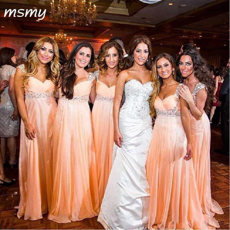 

Cheap Beading Chiffon Orange Bridesmaids Dresses 2019 Cap Sleeve A-Line Bridesmaid Gowns