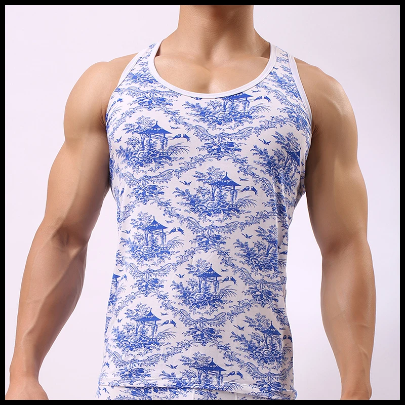 JJSOX Man Undershirts/Men Sexy Blue White Print Ice Silk Modal Tank