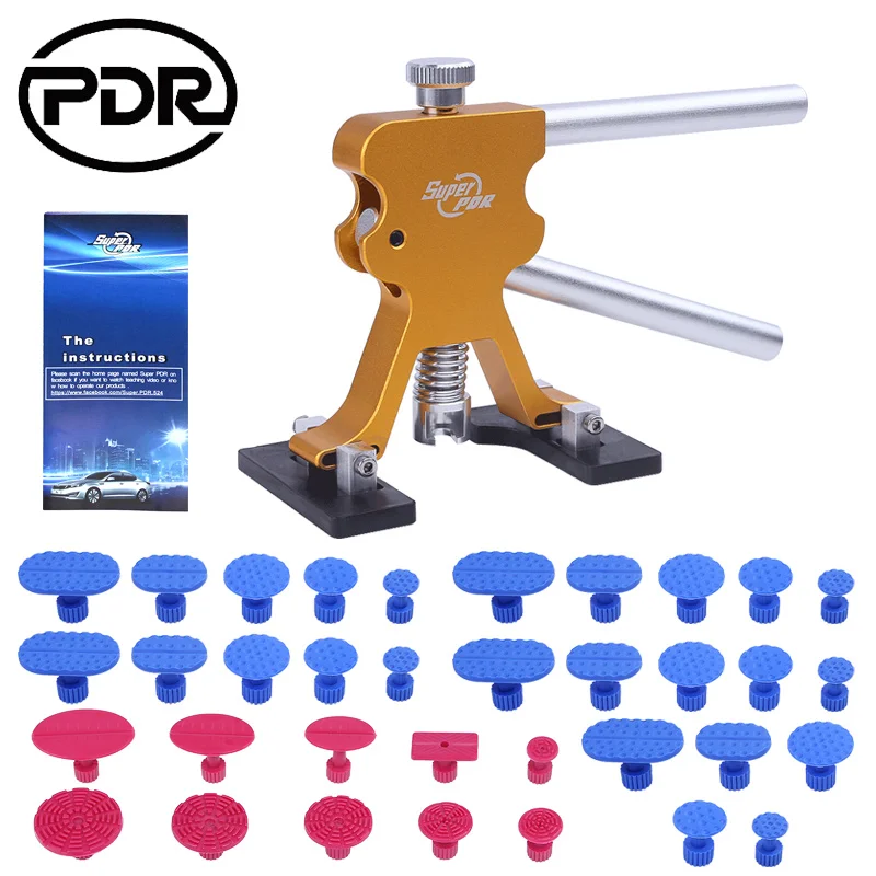 

PDR Gold Dent Puller Lifter Kit Hand Sets Paintless Dent Repair Tool with 10pcs Red Glue Tabs 25pcs Blue Glue Tabs for Auto