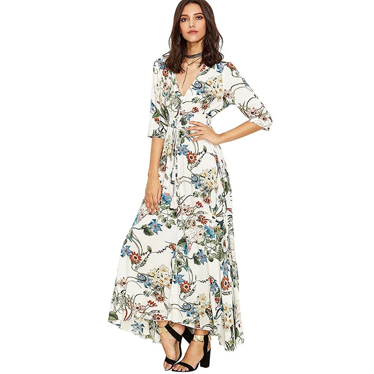 Womens dresses new arrival 2019 plus size dress women vestidos women's cropped sleeves dresses floral print v-neck slit dress