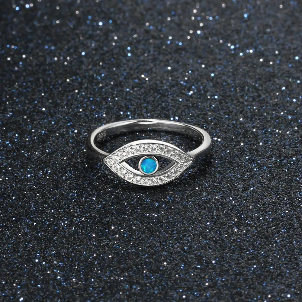 Solid 925 Sterling Silver Blue Opal Stone Cubic Zirconia Eye Shape Finger Rings Wedding Jewelry Gift For Her (JewelOra RI102845)