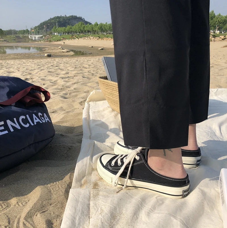 

Summer New Korean Street Shooting Harajuku Half Drag One Foot Low To Help Lazy Student Canvas Shoes Women