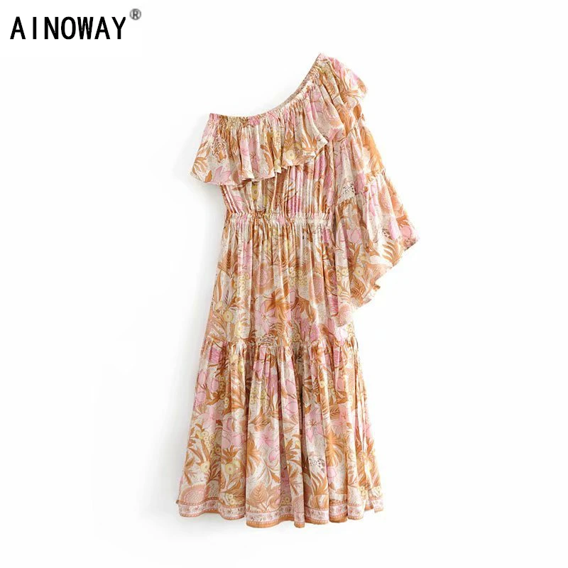 

Vintage chic women hippie one shoulder floral print Bohemian midi dress ladies batwing sleeve rayon Boho dresses vestidos