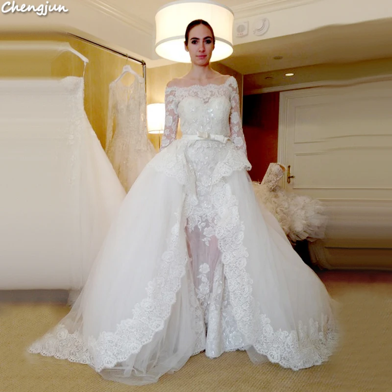 Chengjun Brazilian Latest Belts White Wedding Dresses With Sleeves | Свадьбы и торжества