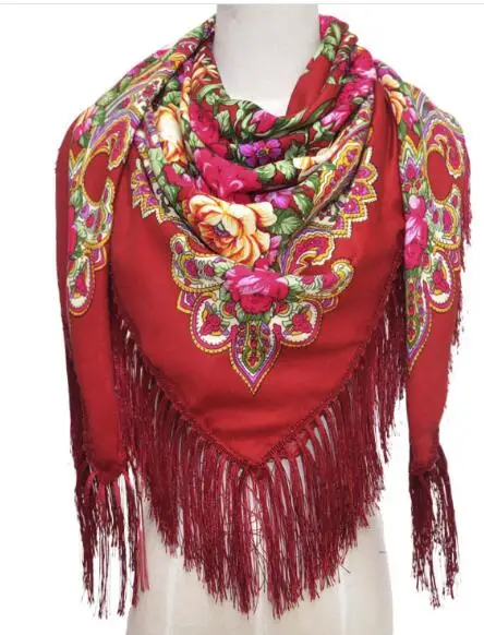 Женский русский цветочный принт, большие размеры, квадратный платок, одеяла, Свадебный шарф с кисточками, Ретро стиль, хлопковый платок, 135*135 см, 260 г