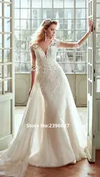 Роскошный Съемный шлейф русалка свадебные платья плюс размер v-образный вырез Sheer Back свадебное платье Robe de mariage Vestidos de novia 2019