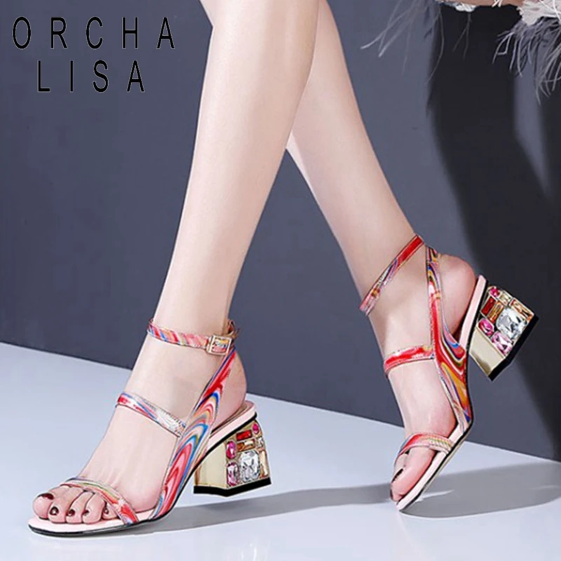

ORCHA LISA Genuine leather Sandals Woman diamond heels ankle strap lady summer New thick high heel shoes office work shoes