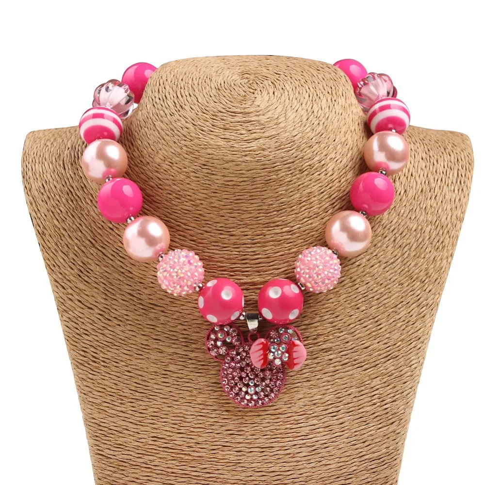 Детская розовая подвеска «Микки мауз», милое ожерелье, Комплект браслетов, детское ожерелье, ручная работа, акриловые массивные украшения, NL015