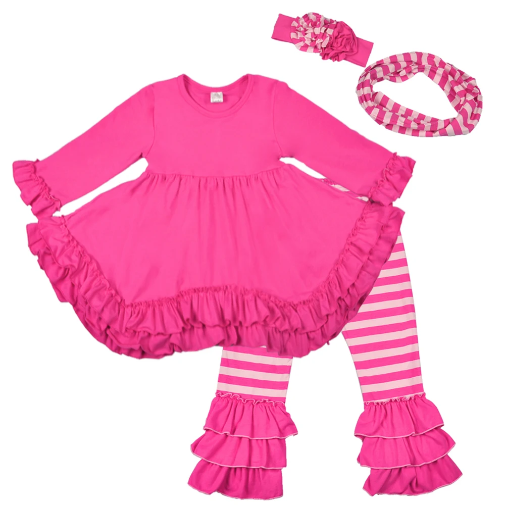 

Baby Girls Clothes New Style CONICE Remake Solid Tunic Boutique Kids Cotton Striped Triple Pant Outfits With Headband Scarf